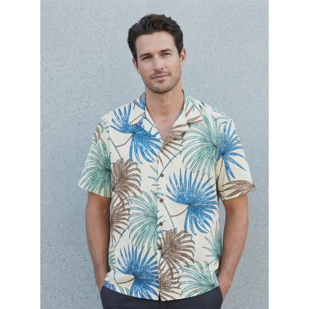 RJC Hawaiian Tropical Palm Leaf Print Button Down Aloha Shirt XL